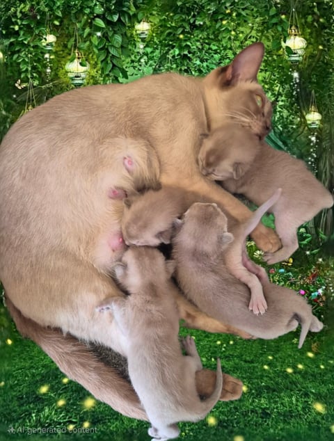 Oramor Chocolate Burmese Queen with her new born l